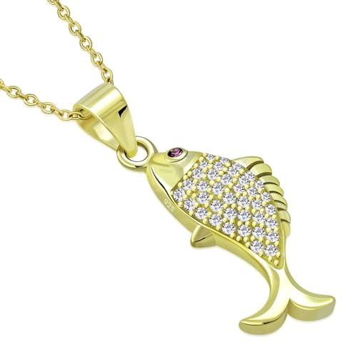 My Daily Styles 925 Sterling Silver CZ Fish Pendant Necklace - Good Luck Charm with White and Pink CZs, Adjustable Chain 16"-18" (Available in Silver, Yellow, or Rose) (Yellow)