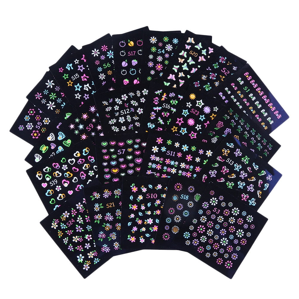 24 Sheets Luminous Nail Art Stickers Decals Flower Butterflies Pattern
