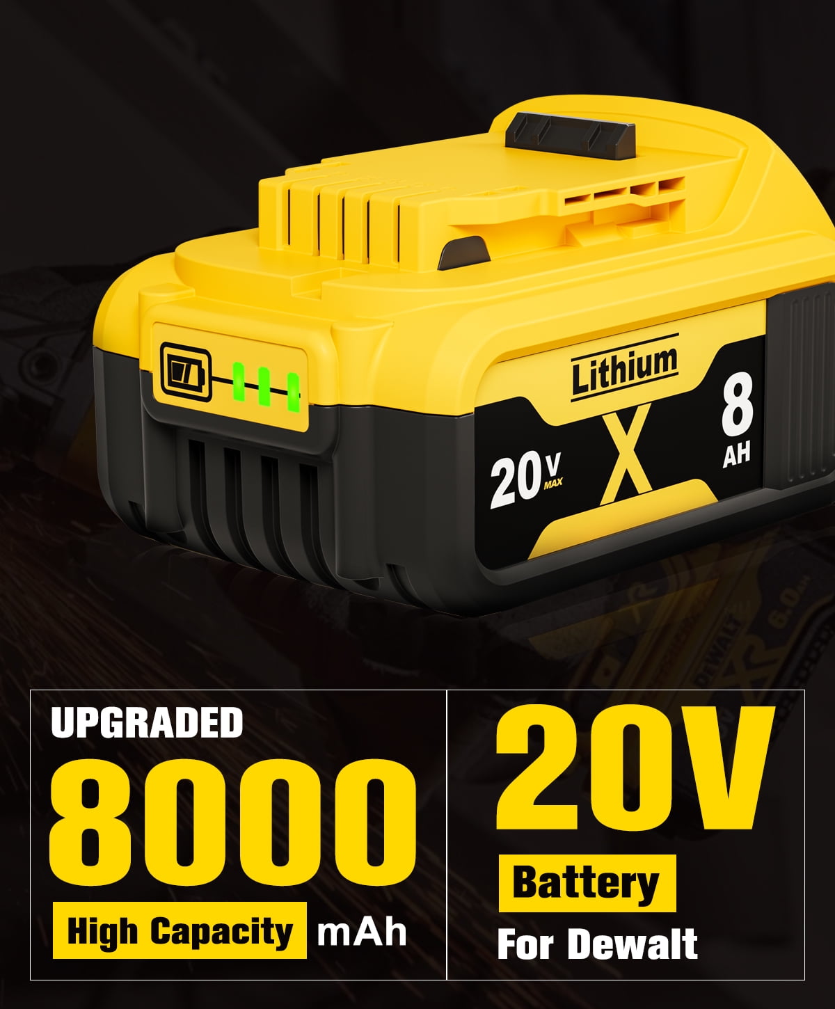 2 Pack 8.0Ah Replacement Battery  for Dewalt 20V Max Batteries DCB200 DCB205-2 DCB206 DCB204 DCB203 DCB208 Compatible with Dewat 20V Cordless Power Tools and Charger