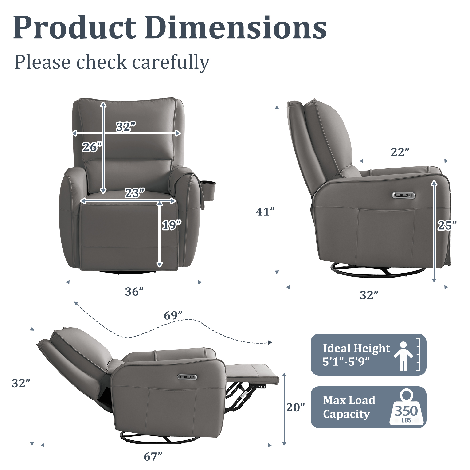 Power Recliner Rocking Chair Nursery Gliders, Electric Swivel Rocker Recliner Chair, Comfy Upholstered Living Room Reclining Chairs with Lumbar Support