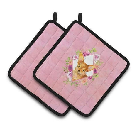 

7.5 x 7.5 in. Toy Terrier Pink Flowers Pair of Pot Holders