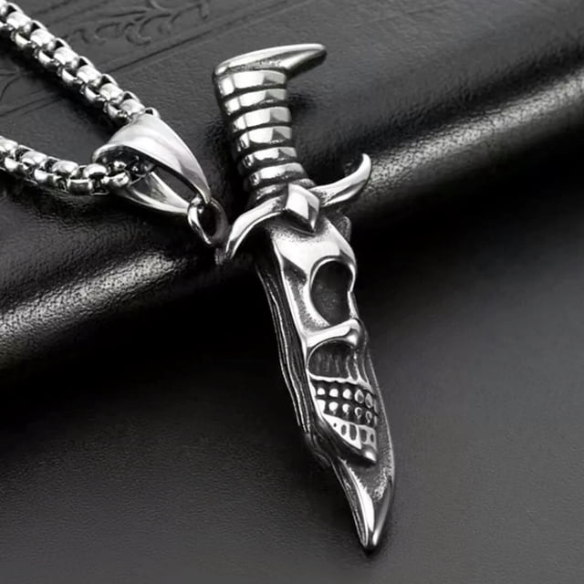 HOOUN Punk Silver Skull Dagger Pendant Necklace For Men Retro Rock Jewelry Chain 24"