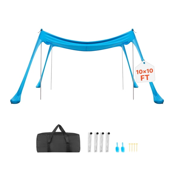 VEVOR Beach Tent Sun Shelter, UPF50  Sun Protection, 6.6 ft Tall, 10x10 ft, Easy Pop Up Beach Canopy with 4 Sandbags, Stability Poles, Sand Shovels, Portable Shade for Family Outings, Camping,Fishing