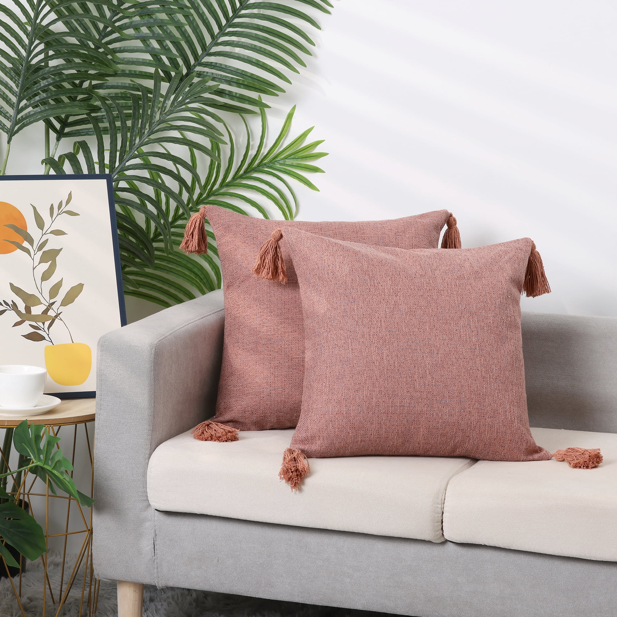 Unique Bargains 4 Pcs Linen Fringe Cushion Cover Throw Pillow Covers with Tassel Design Pink 18" x 18"