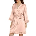 thumbnail image 2 of WREESH Womens Silk Pajamas Casual Homewear Long-Sleeve V-Neck Dress Color Lace Night-Robe One Size Pink, 2 of 8