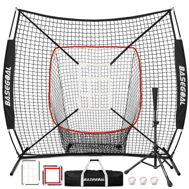 Red de práctica de béisbol y sóftbol BaseGoal 6'×6', red de protección para béisbol con soporte para bate, para bateo, lanzamiento y atrapada con marco arqueado, zona de strike adicional y objetivo