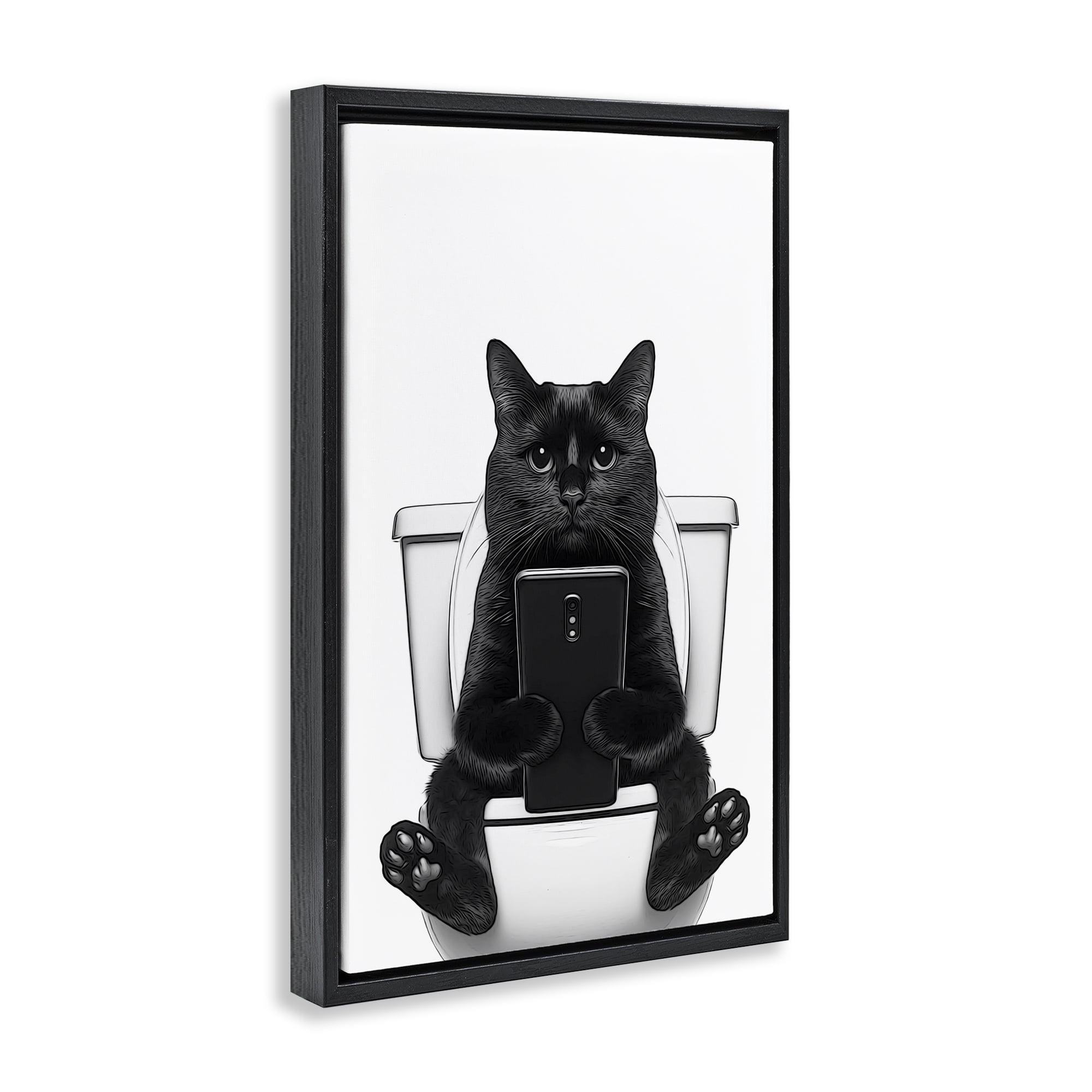 Stupell Industries Cat Texting on Toilet Typography Painting Black Floater Framed Canvas Art Print Wall Art, 17 x 25