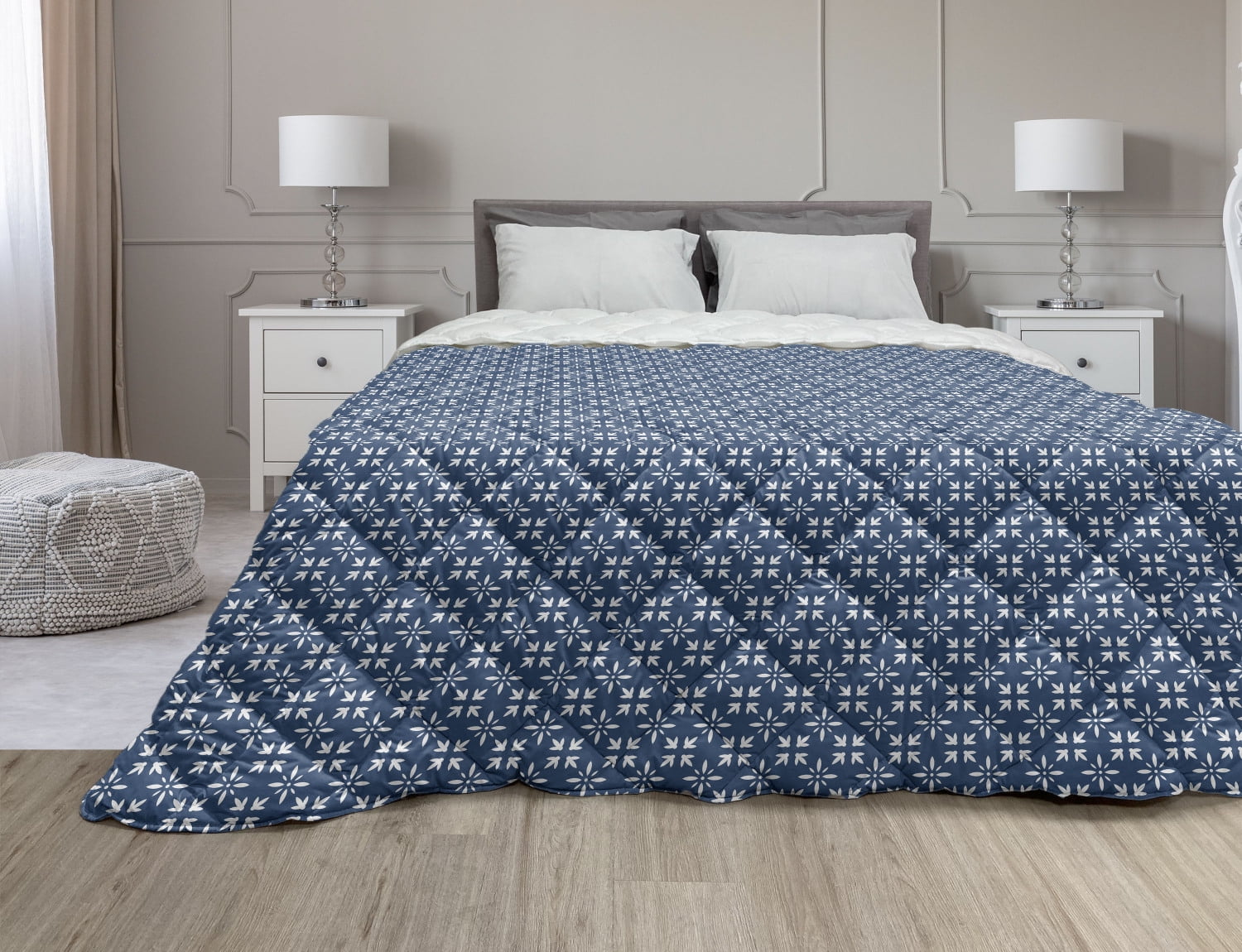 Indigo Down Alternative Comforter, Greek House Tile Inspired Design with Floral Flower Leaf
