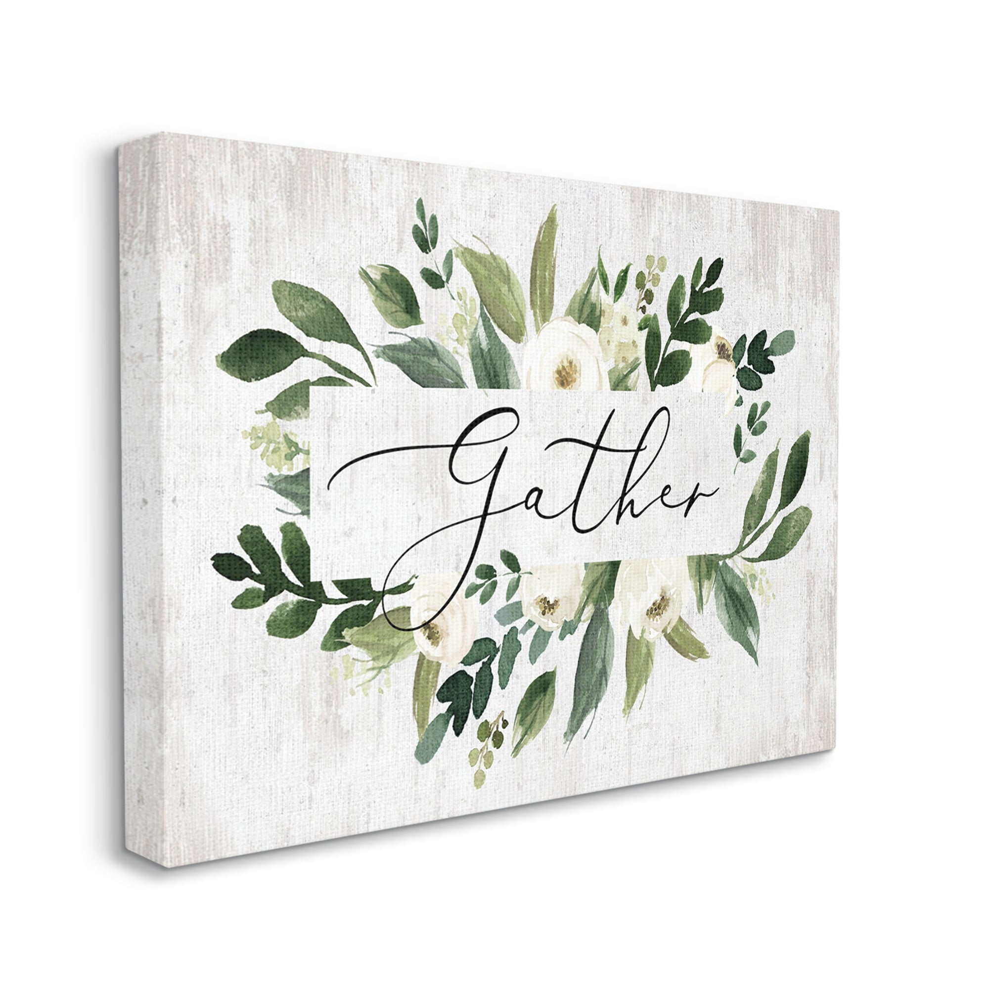 Stupell Industries Gather Text White Flower Green Botanicals Distressed Pattern, 40 x 30,Design by Lettered and Lined