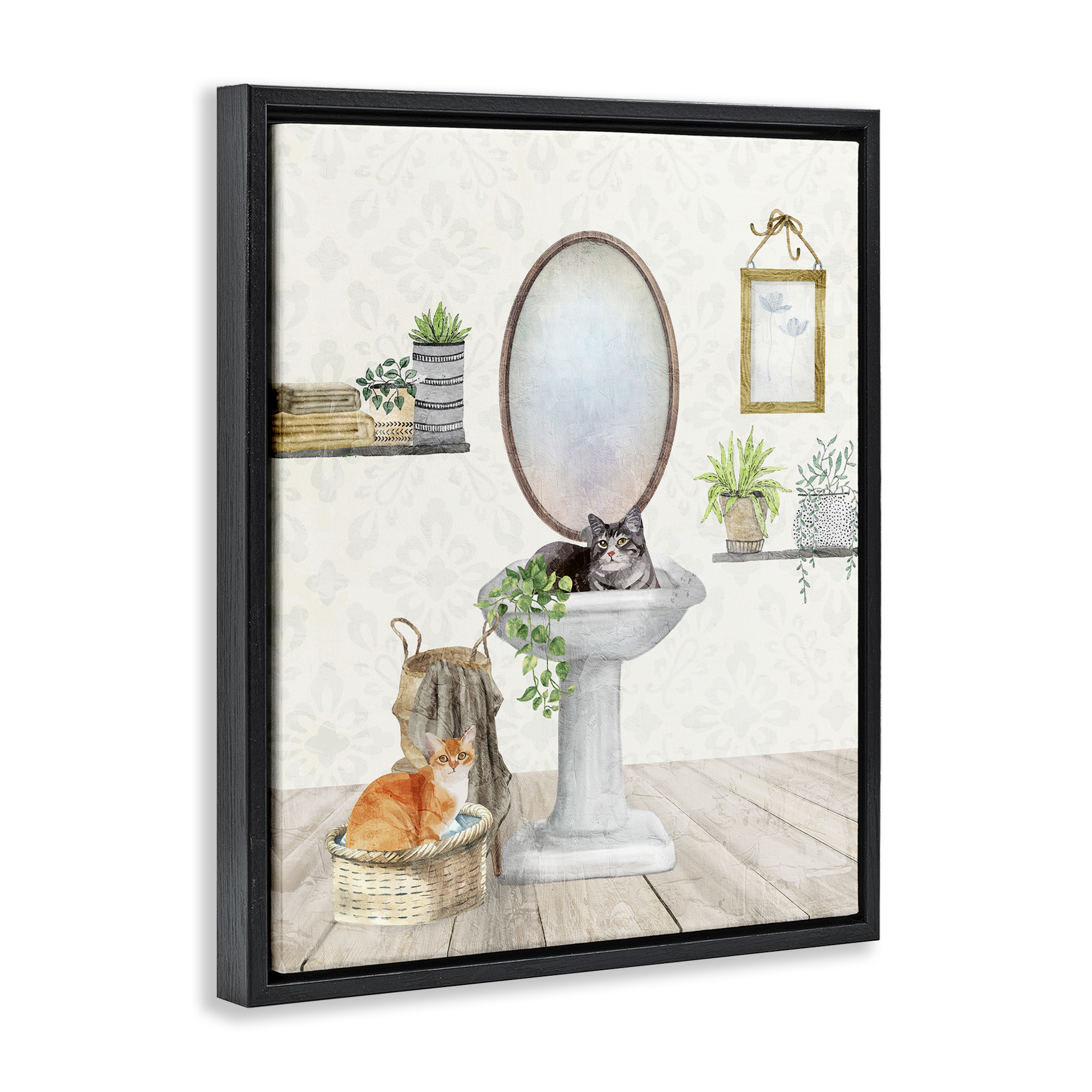 Stupell Industries Cats in Bathroom Scene Bath & Laundry Painting Black Floater Framed Canvas Art Print Wall Art, 25 x 31