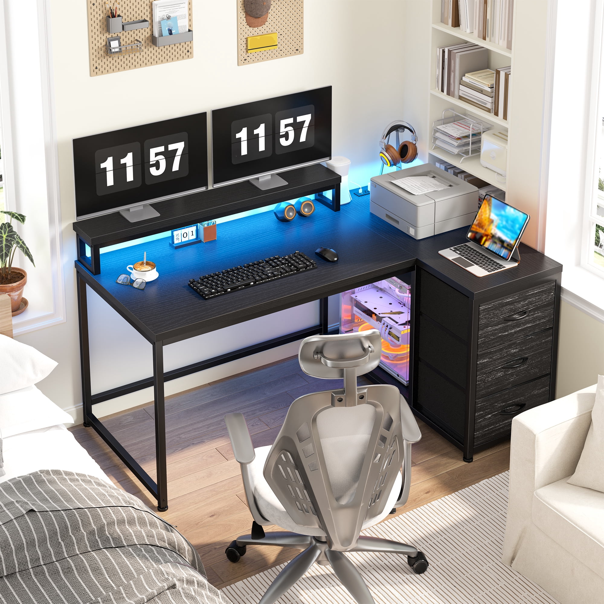 Romorgniz Gaming Desk Computer Desk with LED Lights & Power Outlet Reversible l Shaped Desk with 3 Drawers 40"L Office Desk with Monitor Stand for Gaming Room,Home Office,Bedroom，Black