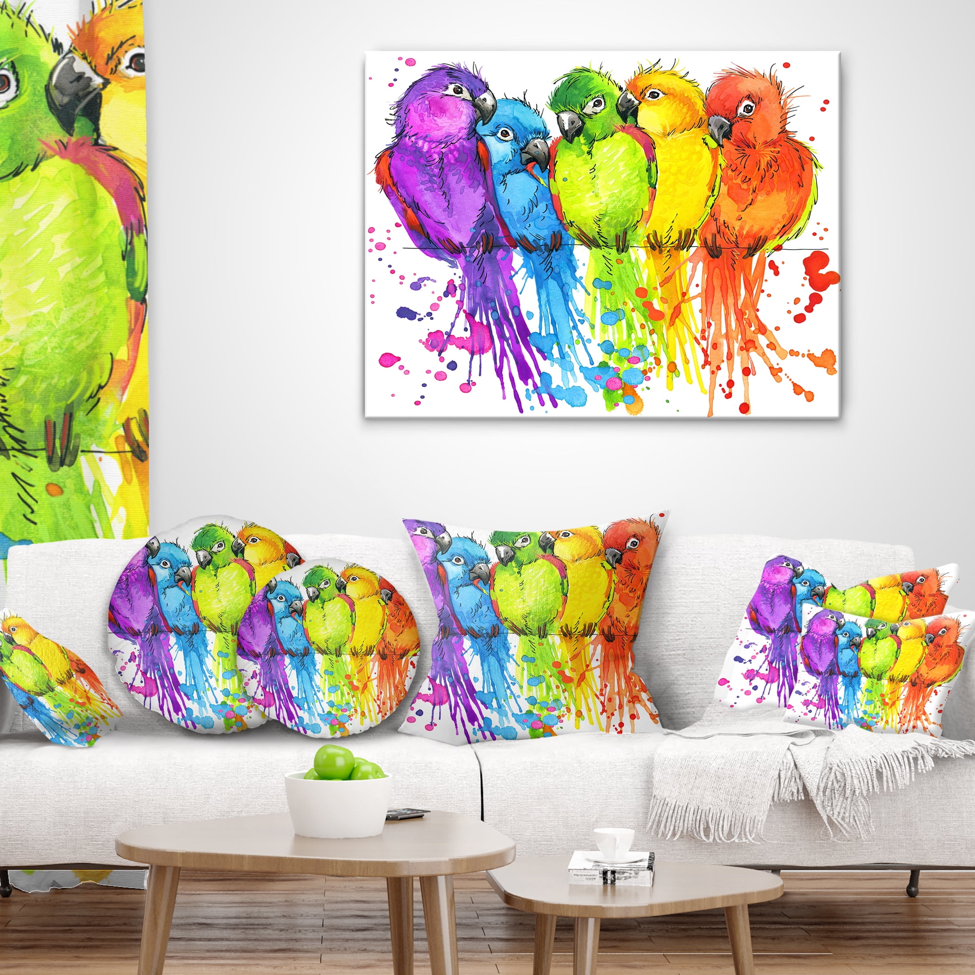 Designart Colorful Parrots Illustration - Animal Throw Pillow - 16x16