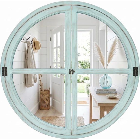 30" Round Window Mirror, Solid Wood Faux Windowpanes Wall Decor with Shatterproof Glass, Distressed Teal Coastal Farmhouse Accent Mirror for Entryway, Living Room, or Dining Room