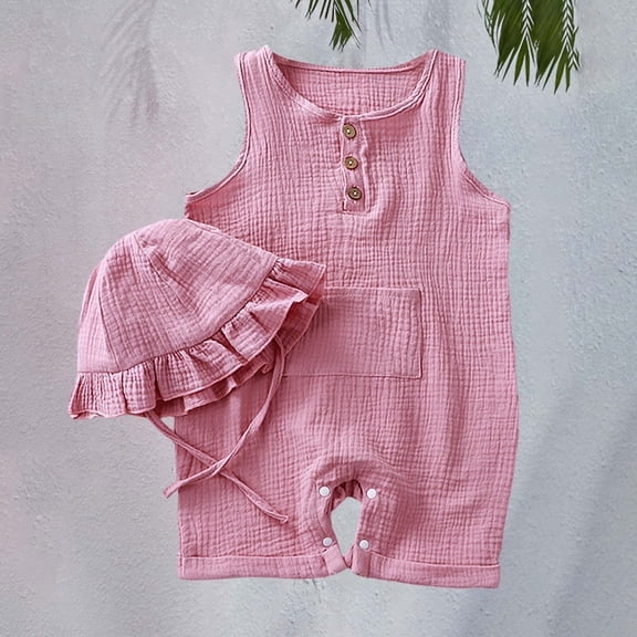 XIMIN Newborn Baby Cotton Linen Jumpsuit with Hat Summer Sleeveless Button Romper Overalls Infant Soft Cute Plain Outfits