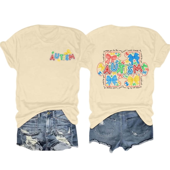 WEIWEN Dressy Women Tops Crewneck Autism Awareness Teacher Blouses for Women Short Sleeve Shirts Casual Summer Tops (Beige, XL)
