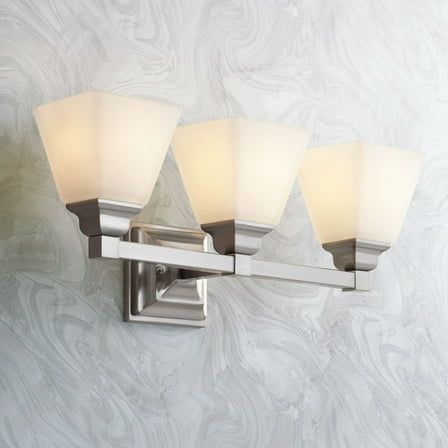 Regency Hill Mencino Modern Wall Light Satin Nickel Hardwire 20" 3-Light Fixture Etched Opal Glass for Bedroom Bathroom Vanity Reading Living Room
