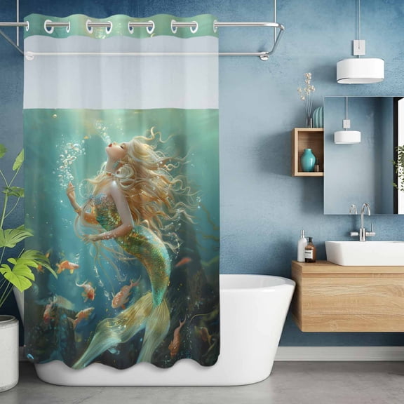 No Hook Shower Curtain with Snap in Liner, Marine Beautiful Mermaid Fish Waterproof Fabric Bathroom Curtain Mesh Top Window, Undersea Ocean Life Seaweed Shower Curtains 36x72in