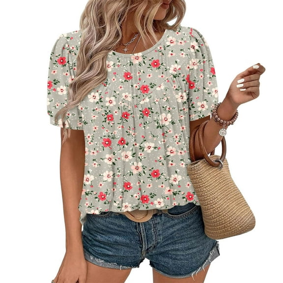 Xixinqiwan Today Women Summer Shirts,Womens Summer Tops Round Neck Short Sleeve Tops for Women Casual Flowy Tunic Blouse Gray S