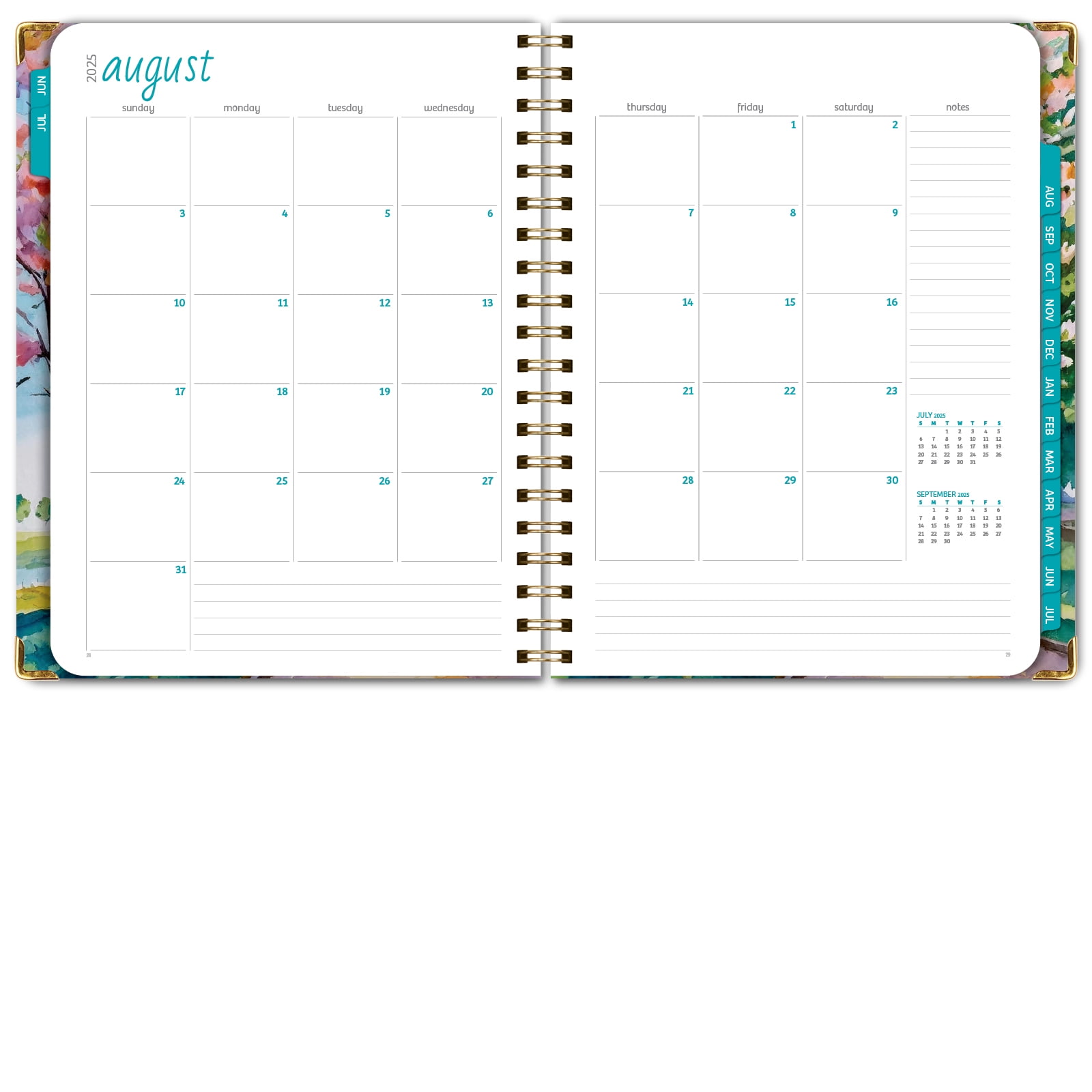 Academic Year 2025-2026 Planner, June 2025 - July 2026, 8.5"x11" Daily Weekly Monthly Planner Yearly Agenda, Hardcover, Bookmark, Pocket Folder and Sticky Note Set (Summer Bliss) (Watercolor Tree)