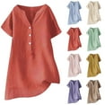 thumbnail image 5 of Women's Short Sleeve Buttons V Neck Cotton Linen Tops Loose Comfy Plus Size Shirts Solid Lightweight Spring Summer Blouses Orange,3XL, 5 of 5