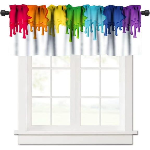 Abstract Curtain Valances Rainbow Colored Paint Dripping White Background Curtains Valances for Farmhouse Living Room Kitchen Decor 54"x18"