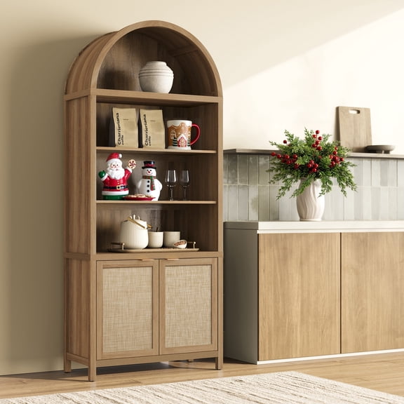 SICOTAS 84.2"H Tall Kitchen Arched Pantry Cabinet, Oversized Boho Farmhouse Floor Storage Organizer with 2 Rattan Doors & Adjustable Shelf for Kitchen, Dining Room ,Reclaimed Caramel Oak