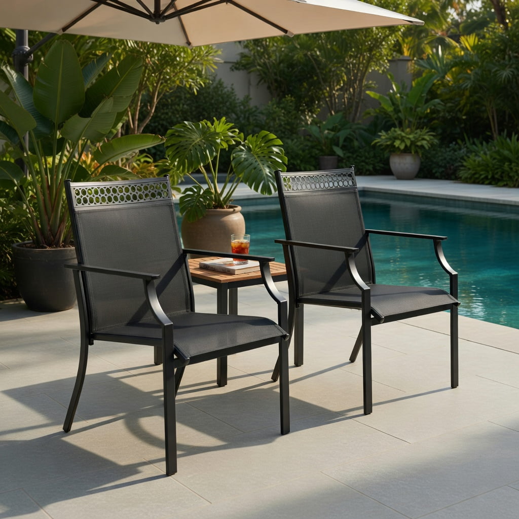 Hommoo 2-Piece Outdoor Patio Chairs Set, All-Weather Breathable Fabric, Heavy-Duty Steel Frame, Poolside & Lawn Ready, Black