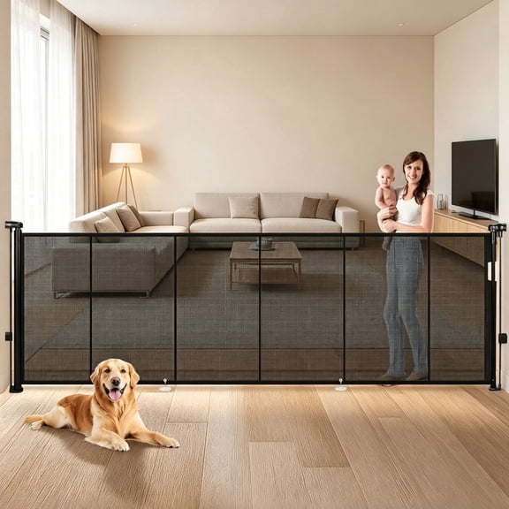 Retractable Gate 120" Extra Wide, 34" Tall Dog Gate for Stairs Doorways, Mesh Safety Gate for Indoor Outdoor, Black