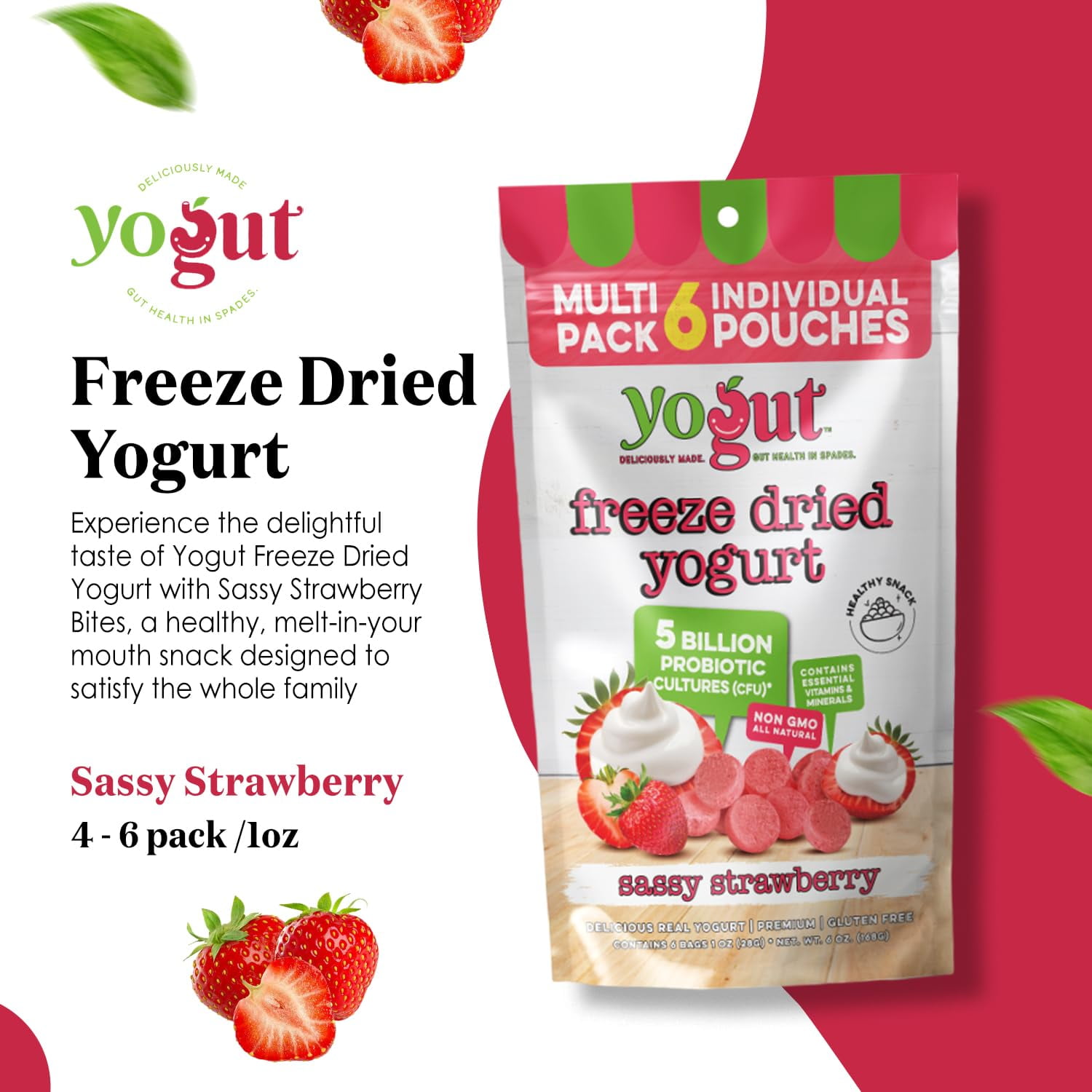 YoGut Freeze-Dried Strawberry Yogurt Bites, Crunchy Snack with Probiotics, Gluten-Free, Non-GMO, 6 Pack for Kids & Adults