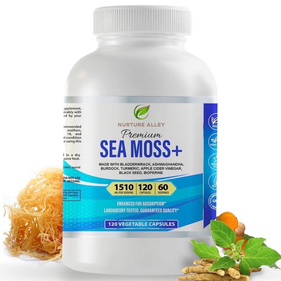 Nurture Alley 8-in-1 Sea Moss & Black Seed Complex with Ashwagandha, Turmeric, Burdock, Bladderwrack, Apple Cider Vinegar & BioPerine® – Comprehensive Daily Superfood Supportt
