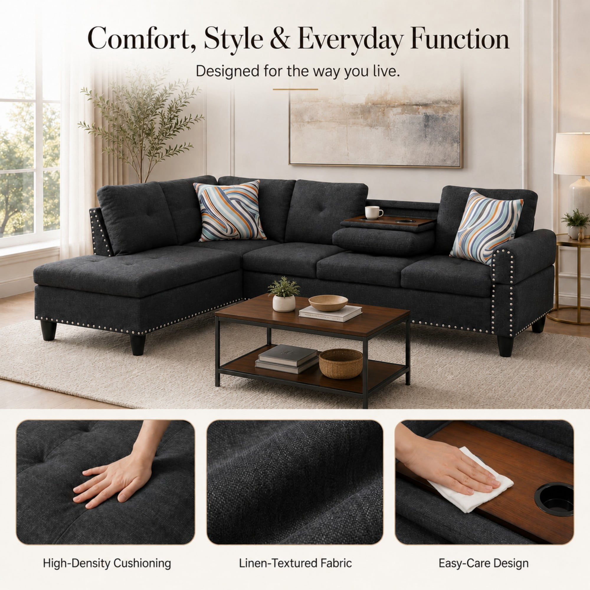 Momspeace 3 Piece Sectional Sofa with Cup Holder, 98" Linen L-Shaped Sofa for Living Room, Black