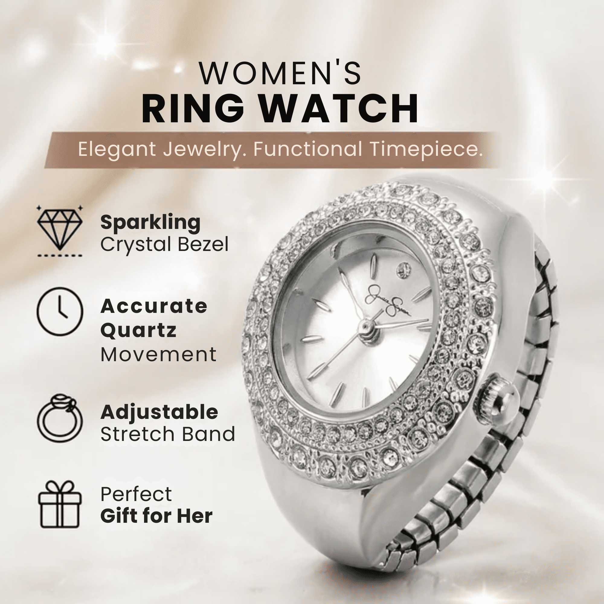 Jessica Simpson Women's Silver Adjustable Ring Watch – Crystal Bezel, Quartz Analog Mini Dial, Stretch Band Fashion Jewelry Accessory