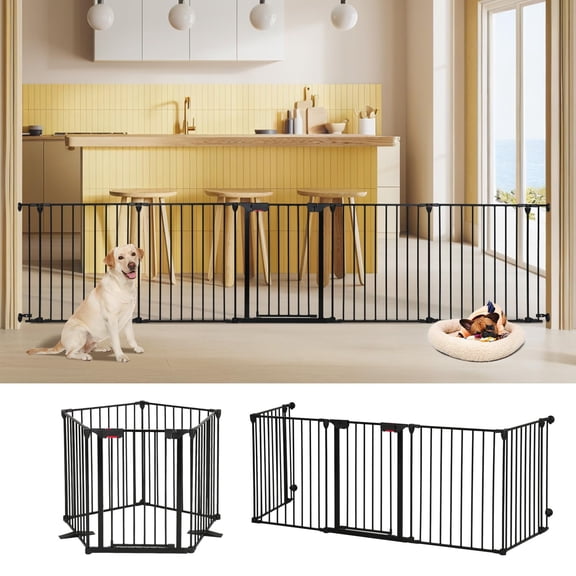 LUCKUP Freestanding Dog Gates with Door Walk Through, Extra Wide Doggy Door 125" W x 29" H Pet Gate Safty 5 Panels Dog Fence for Stairs, Doorways