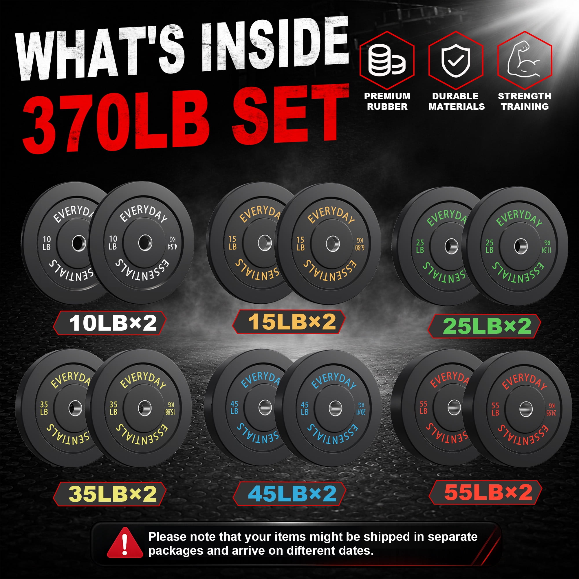 Sprint Demon 370LB Olympic Bumper Plates Set with 7FT Barbell, 2-Inch Solid Rubber Weight Plates for Home Gym and Strength Training, Black