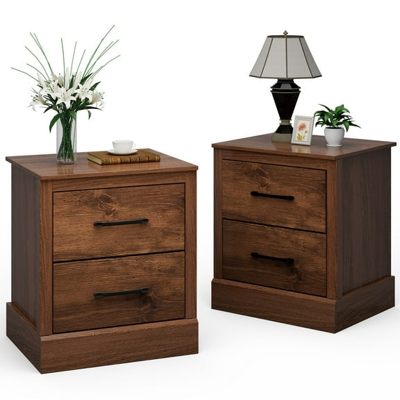 GETHFS Nightstand Set of 2 with 2 Drawers, Rustic Walnut Bedside Table, Compact Sofa End Table with Storage, Farmhouse Wooden Night Stand for Bedroom Living Room
