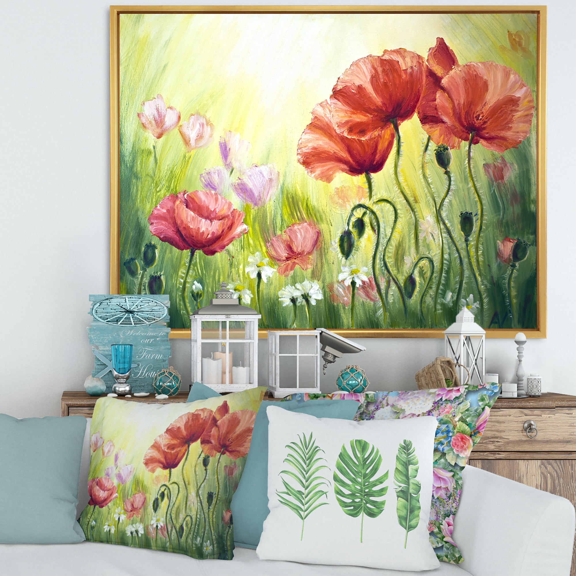 Designart 'Blossoming Red and Purple Poppies In The Morning I' Traditional Framed Canvas Wall Art Print