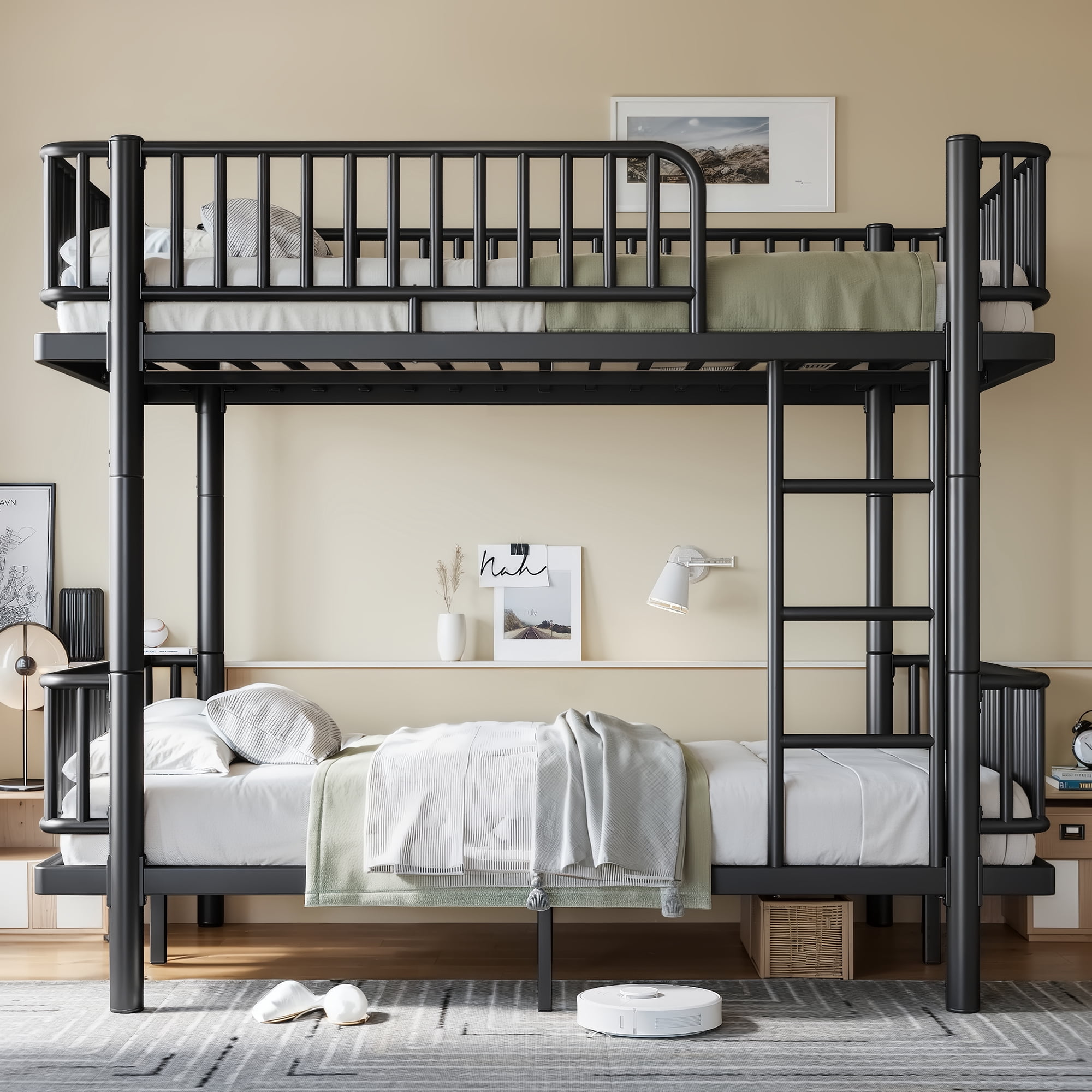 Leumius Full over Full Bunk Bed Frame with Ladders & Guardrails, Metal Bunk Bed Frame with Upgraded Safety Round-Pipe Design, Can Transformed into 2 Platform Bed for Teens Adults Black