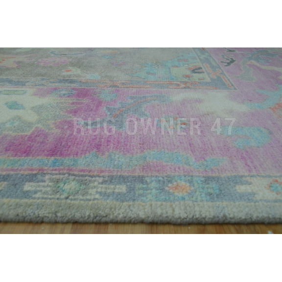 Hand-Knotted Colourful Oushak Area Rug 9X12 Lt Grey, Pink, M Blue, Grey, Lt Green Wool Area Rug Handmade Hand-knotted