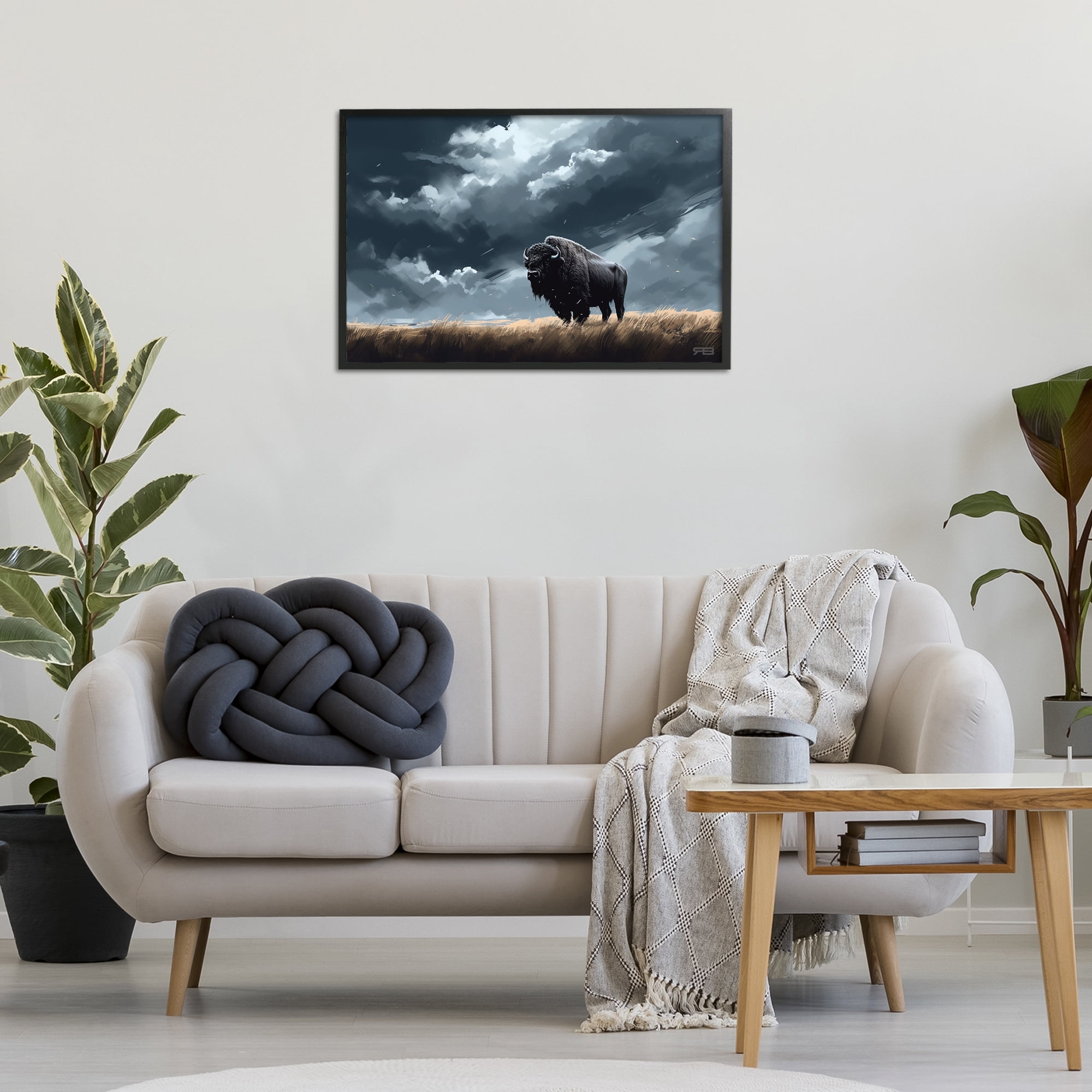 Stupell Industries Bison Silhouette with Clouds Landscape Painting Black Framed Art Print Wall Art, 30 x 20