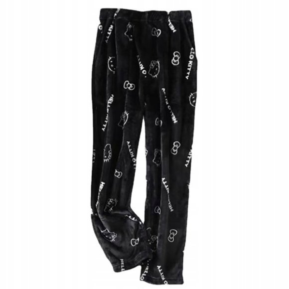 TecknadHelloKittyFlanellPyjamasPlyschochtjockisoleringspyjamasförkvinnor-Black-White