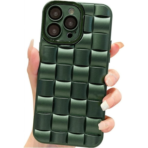 for iPhone 14 Pro Case for Women Men, Fashion 3D Woven Pattern Bump Feel, with Full Camera Protection Back Cover, Grid Phone Case for iPhone 14 Pro (6.1") - Green