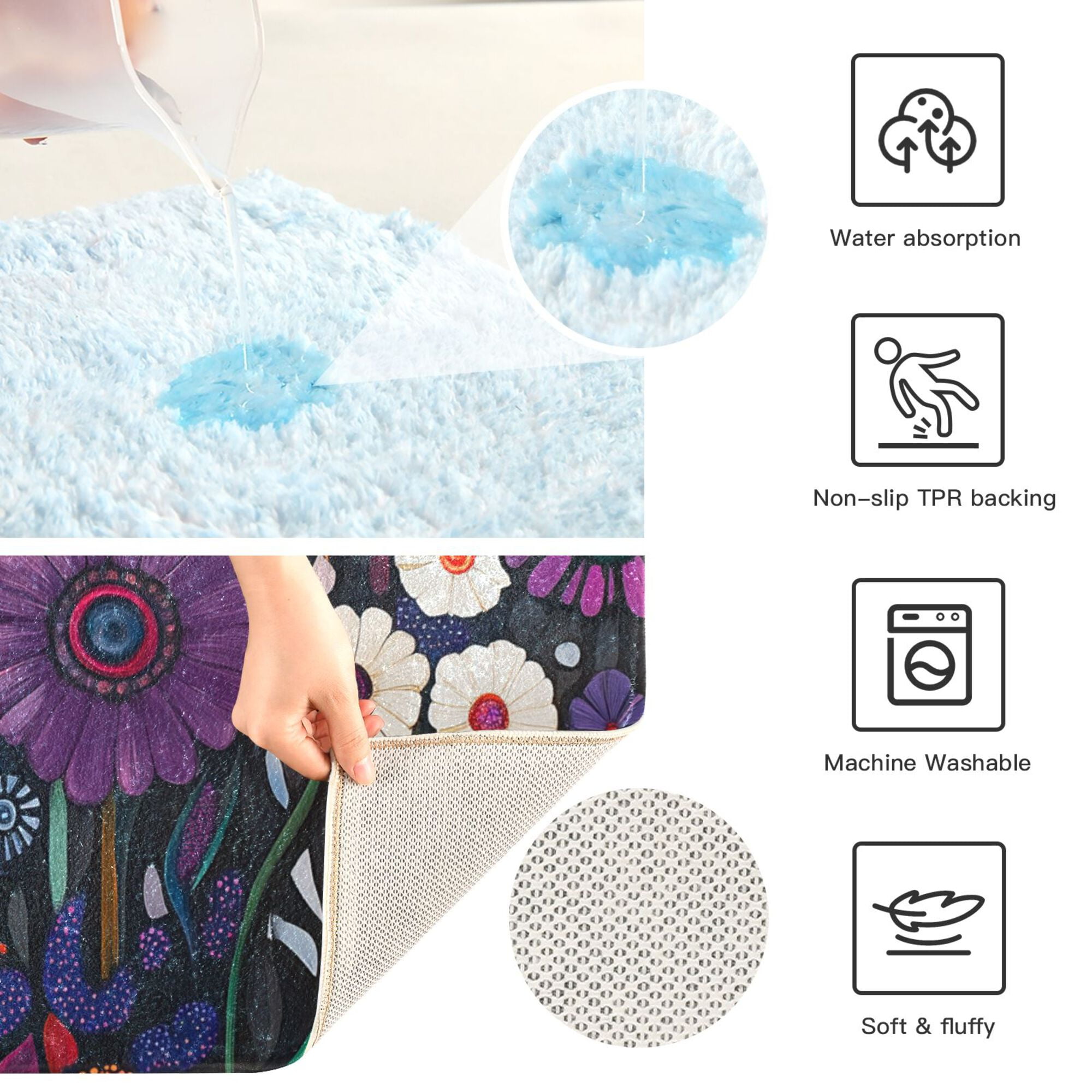 Yayeee Bath Rugs for Bathroom Floor Non Slip Non Skid Contour Soft Absorbent Purple Flowers Machine Washable Mat
