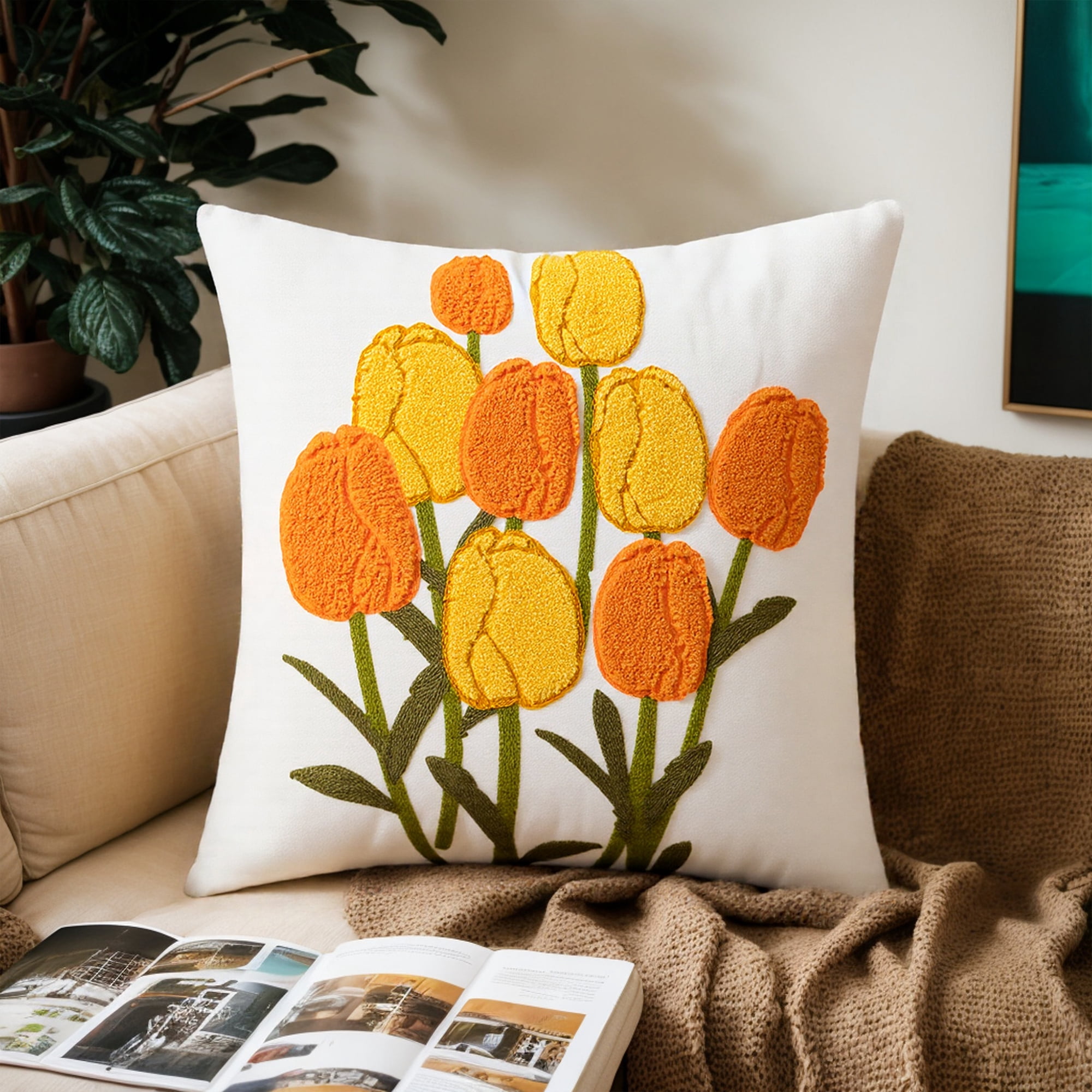Unique Bargains Set of 2 Floral Embroidered Throw Pillow Covers Flower-3 18" x 18"