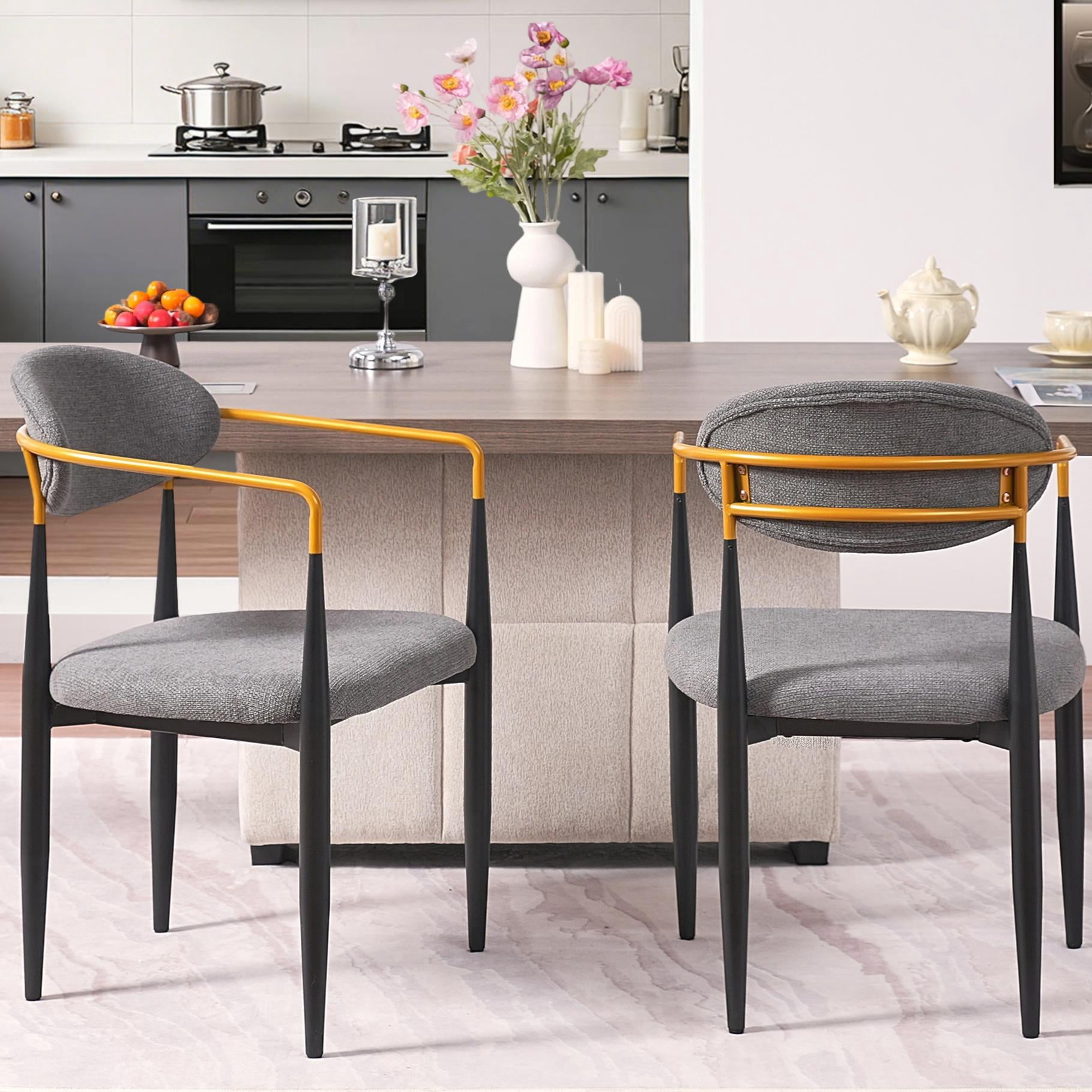 Set of 2 Modern Upholstered Dining Chairs with Gold-Accented Armrests, Ergonomic Design for Dining Room and Office, Grey Fabric with Black Frame
