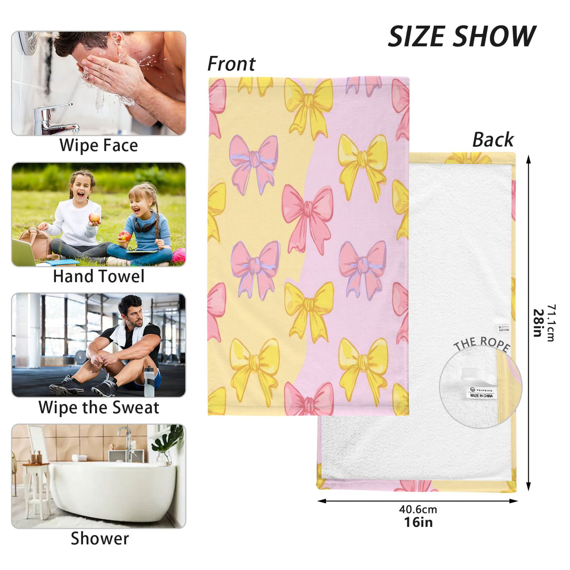 2 Pcs Hand Towels Sets Yellow and Pink Bows Cotton Towel Set Absorbent Face Towel for Bathroom Kitchen Shower Hotel Decor