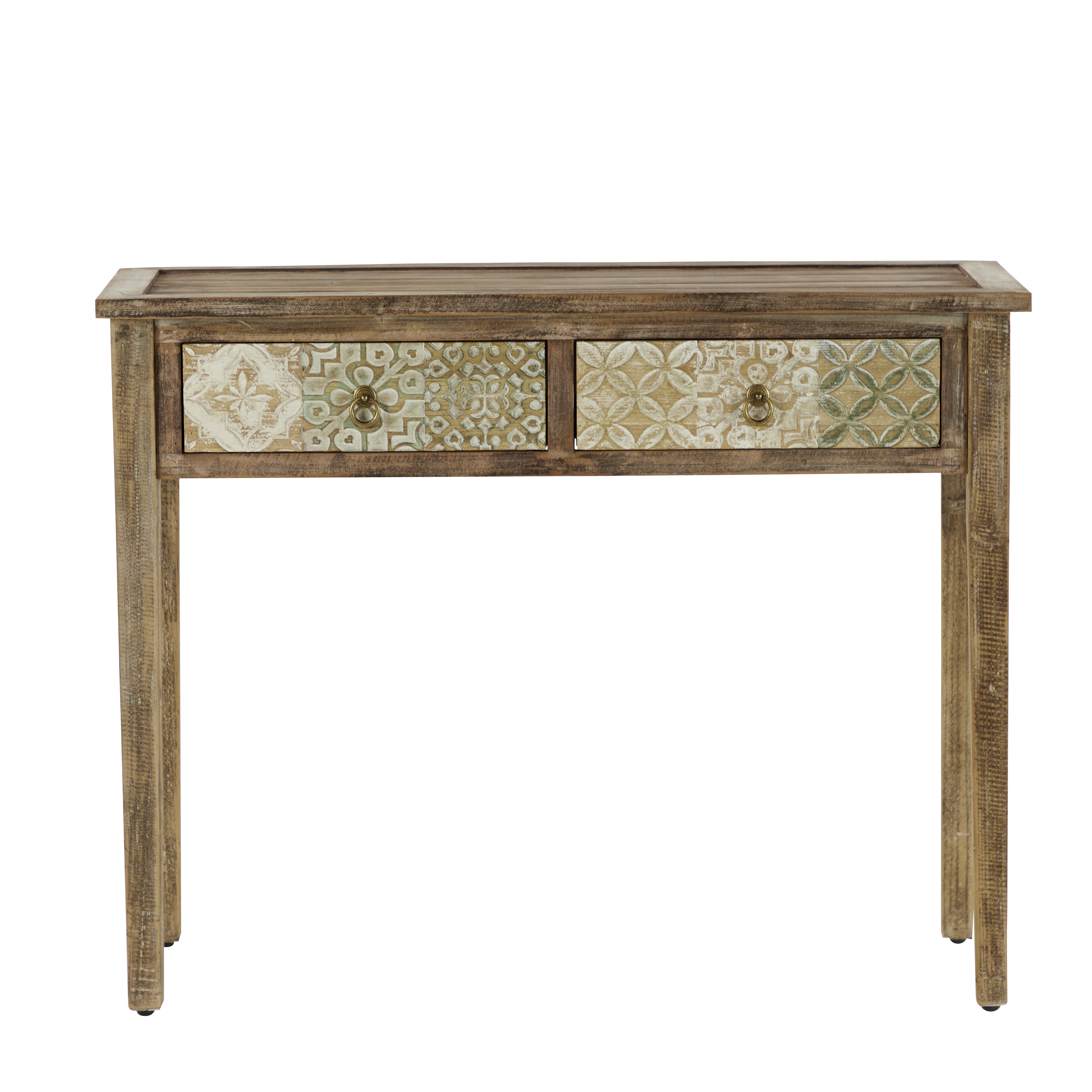 Decmode Natural Wood Desk With Carved Distressed White Finish Drawers