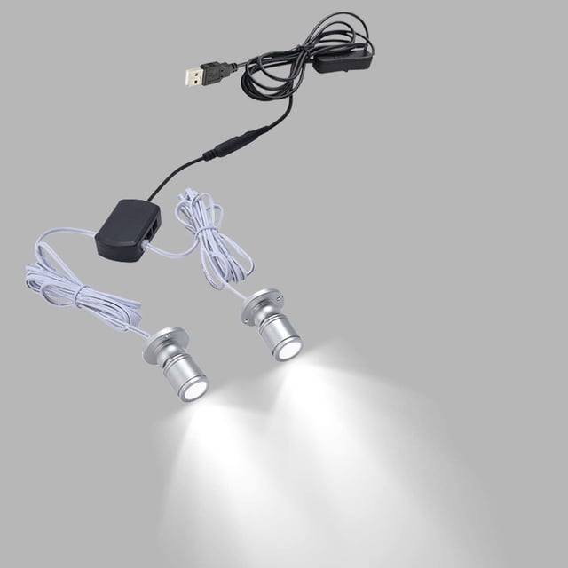 FSLiving 2-Lights 1W Mini LED Blue Light Spotlights 360° Rotatable Dimmable Breathable Lighting Silver Shell with 6.5 Ft USB Dimmable Cable for Accent Lighting Cartoon Showcase Cabinet Lego Model