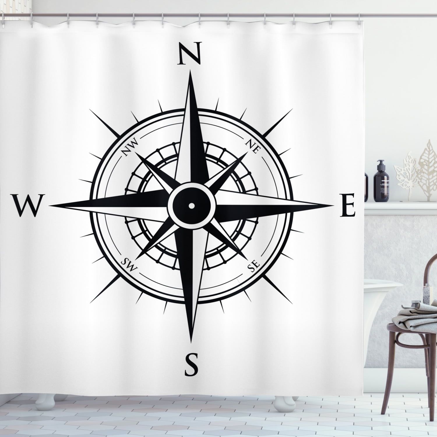 Compass Shower Curtain, Primitive Navigation Technology on the Sea