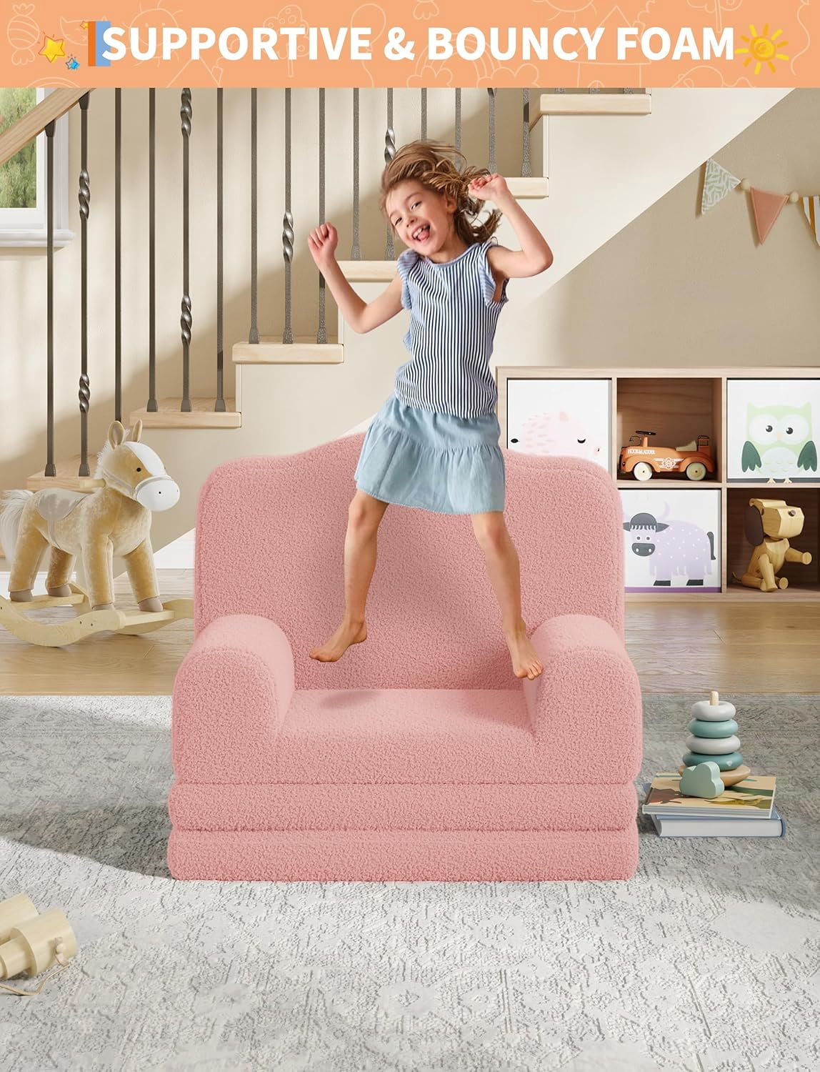 Kids Couch, 2-in-1 Convertible Teddy Fleece Fabric Toddler Sofa Chair, Soft Fold Out Couch Lounger for Kids, Comfy Children's Sofa Bed for Playroom, Nursery, Birthday Gift (Pink Crown)