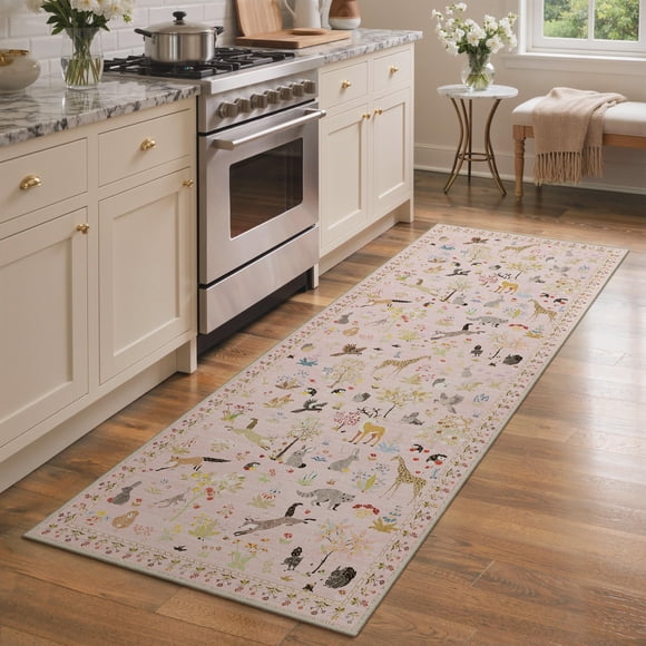 Alfombra Pasillera BESBLEE 79x183 cm Rosa con Diseño Animal y Floral Antideslizante